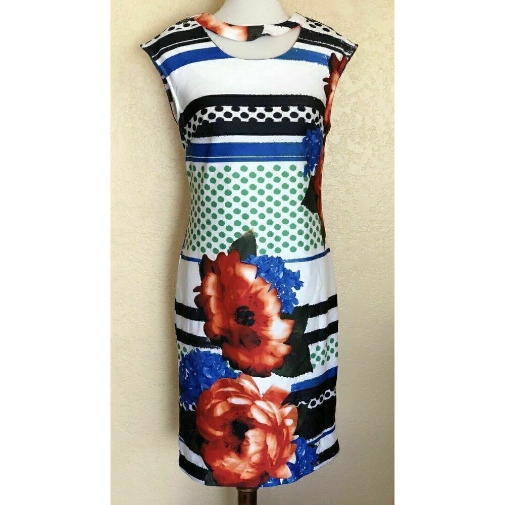 Eci Women's Red Print Scuba Cut out Sleeveless Shift Dress Size 8